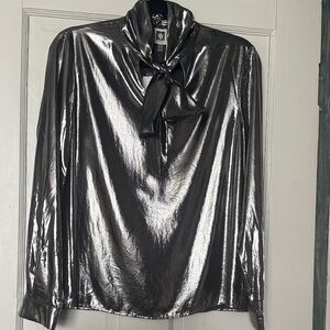 Anne Klein Shimmering Silver liquid metallic bow Blouse